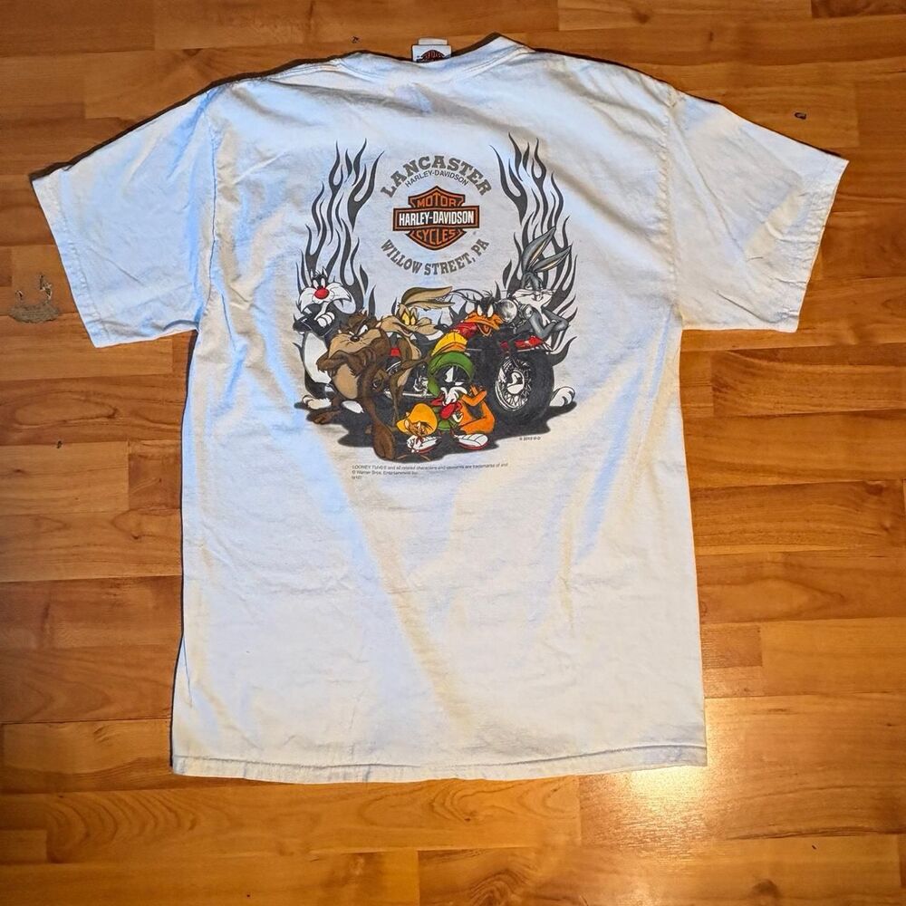 Harley Davidson Looney Tunes White T Shirt Biker Cartoon Graphic Tee Streetwear